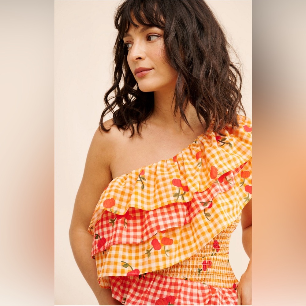 Anthropologie Farm Rio one shoulder cherry mini Colorful tiered Ruffle Dress - Picture 2 of 8